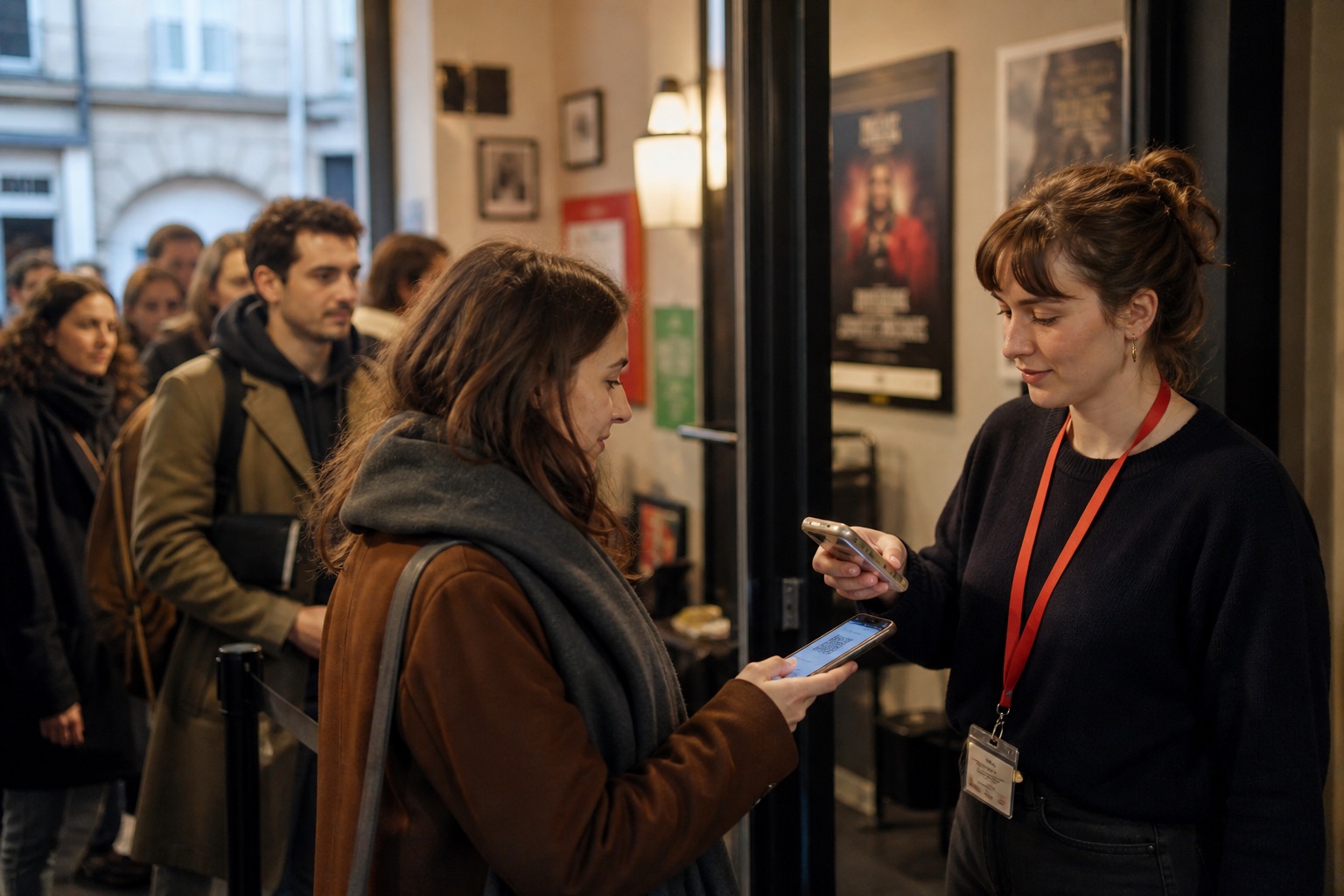 Lo staff del festival scansiona un biglietto mobile mentre gli spettatori attendono all'ingresso del cinema.