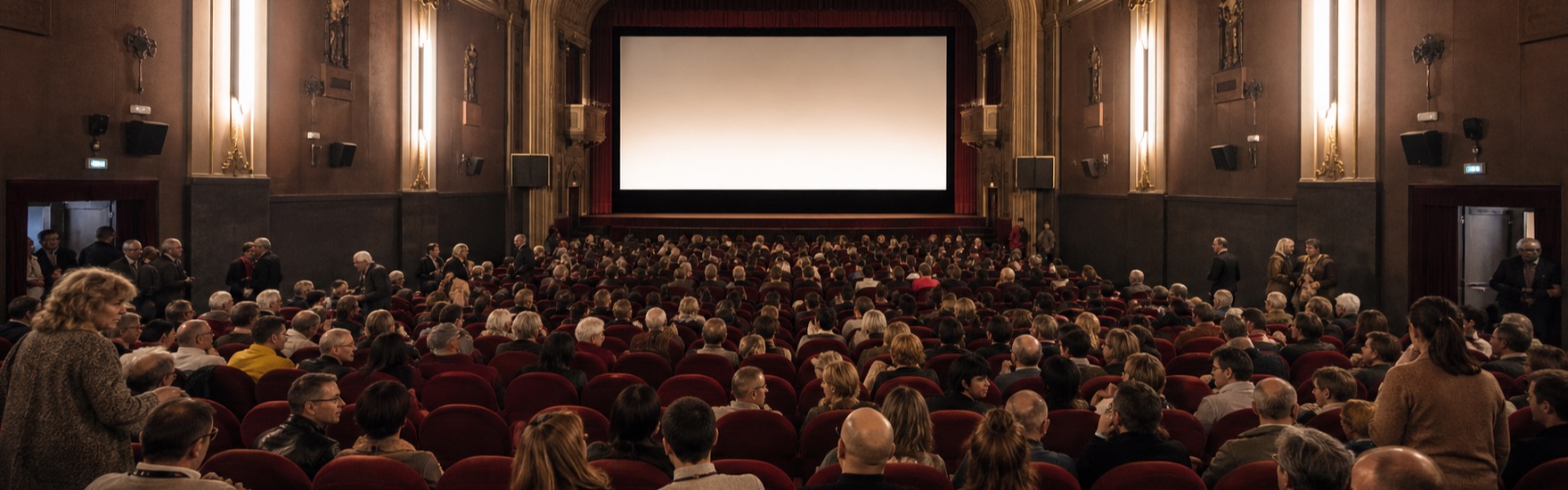 Il pubblico prende posto in una storica sala cinematografica prima di una proiezione.